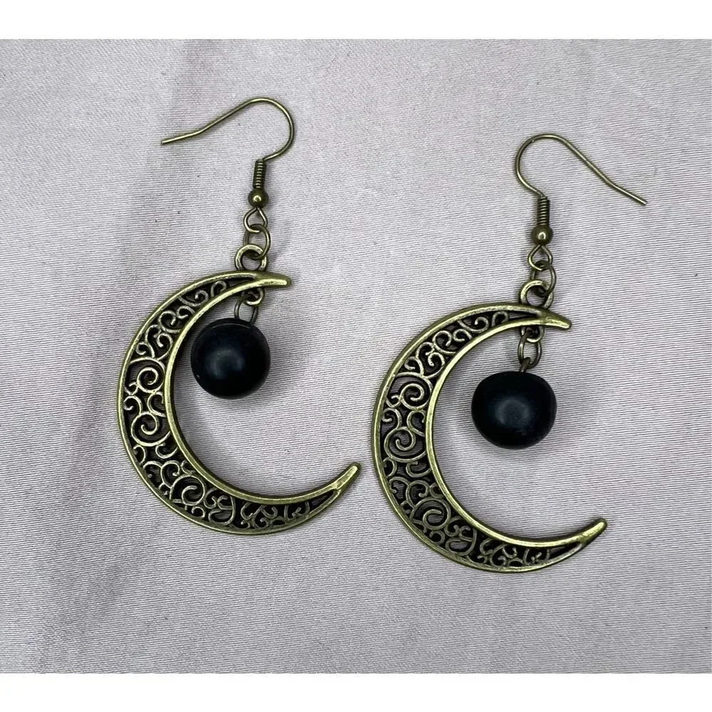 Handmade Bronze Dangly Moon Earrings With Vintage Black Buttons